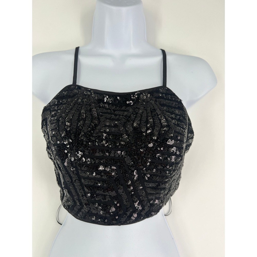 Miss Avenue M Black Sequin Geometric Crop Top Spaghetti‎ Strap Square Neck